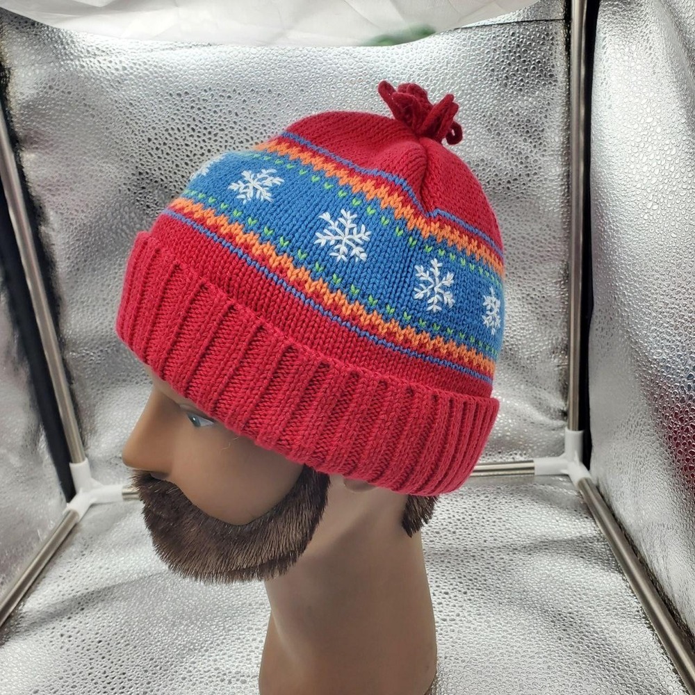 Talbots Kids Hat Beanie Knit Red Fair Isle Snowflake 100% Cotton Boys One Size